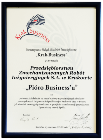 Dyplom przyznania "Pióra Business'u" dla PZRI S.A.